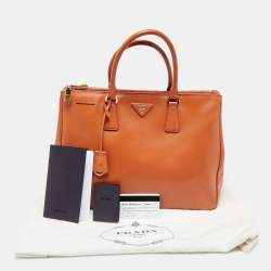 Pre Owned Prada Orange Saffiano Lux Leather Large Galleria Double Zip Tote