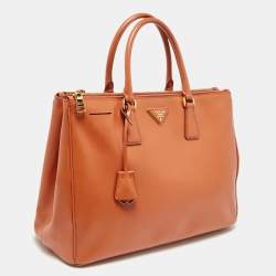 Pre Owned Prada Orange Saffiano Lux Leather Large Galleria Double Zip Tote