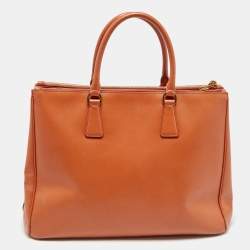 Pre Owned Prada Orange Saffiano Lux Leather Large Galleria Double Zip Tote