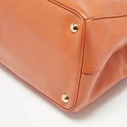 Pre Owned Prada Orange Saffiano Lux Leather Large Galleria Double Zip Tote