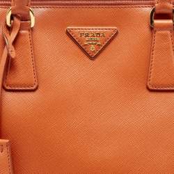 Pre Owned Prada Orange Saffiano Lux Leather Large Galleria Double Zip Tote