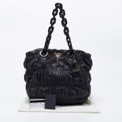 Pre Owned Prada Black Gaufre Leather Chain Tote
