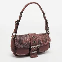 Pre Owned Prada Purple Nylon, Python and Crocodile Leather Buckle Flap Baguette Bag