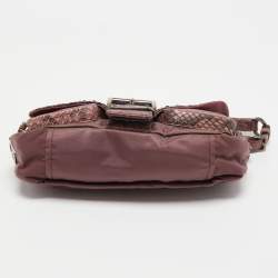 Pre Owned Prada Purple Nylon, Python and Crocodile Leather Buckle Flap Baguette Bag