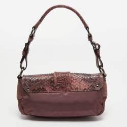 Pre Owned Prada Purple Nylon, Python and Crocodile Leather Buckle Flap Baguette Bag