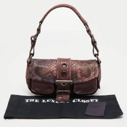 Pre Owned Prada Purple Nylon, Python and Crocodile Leather Buckle Flap Baguette Bag