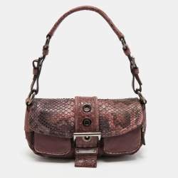 Pre Owned Prada Purple Nylon, Python and Crocodile Leather Buckle Flap Baguette Bag