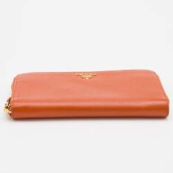 Pre Owned Prada Orange Saffiano Leather Zip Around Wallet