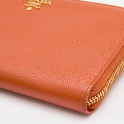 Pre Owned Prada Orange Saffiano Leather Zip Around Wallet
