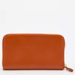 Pre Owned Prada Orange Saffiano Leather Zip Around Wallet