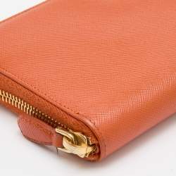 Pre Owned Prada Orange Saffiano Leather Zip Around Wallet