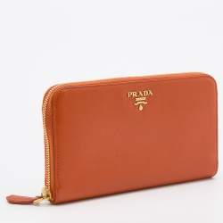 Pre Owned Prada Orange Saffiano Leather Zip Around Wallet