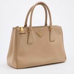 Pre Owned Prada Beige Saffiano Leather Small Double Zip Tote