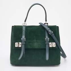 Pre Owned Prada Green Suede Top Handle Bag