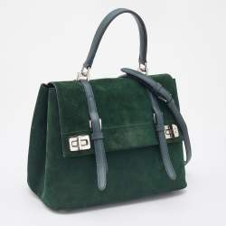 Pre Owned Prada Green Suede Top Handle Bag