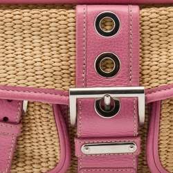 Pre Owned Prada Beige/Pink Woven Straw and Leather Shoulder Bag