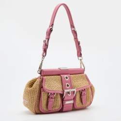 Pre Owned Prada Beige/Pink Woven Straw and Leather Shoulder Bag