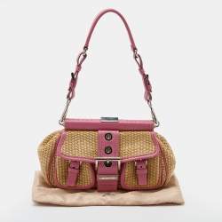 Pre Owned Prada Beige/Pink Woven Straw and Leather Shoulder Bag