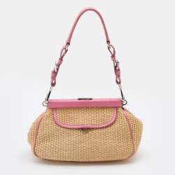 Pre Owned Prada Beige/Pink Woven Straw and Leather Shoulder Bag