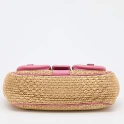 Pre Owned Prada Beige/Pink Woven Straw and Leather Shoulder Bag
