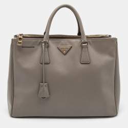 Pre Owned Prada Dark Beige Saffiano Lux Leather Large Galleria Double Zip Tote