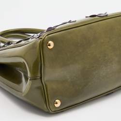 Pre Owned Prada Green Floral Applique Patent Leather Medium Double Zip Tote