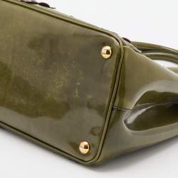 Pre Owned Prada Green Floral Applique Patent Leather Medium Double Zip Tote