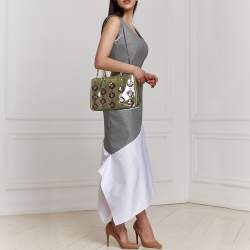 Pre Owned Prada Green Floral Applique Patent Leather Medium Double Zip Tote