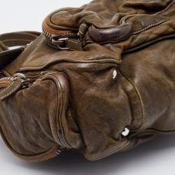 Pre Owned Prada Olive Green Leather Washed Boston Bag