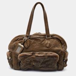 Pre Owned Prada Olive Green Leather Washed Boston Bag