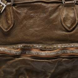 Pre Owned Prada Olive Green Leather Washed Boston Bag