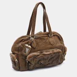Pre Owned Prada Olive Green Leather Washed Boston Bag