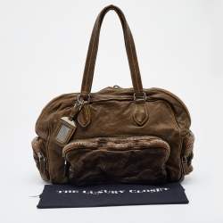 Pre Owned Prada Olive Green Leather Washed Boston Bag