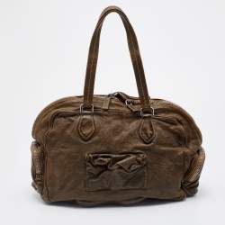 Pre Owned Prada Olive Green Leather Washed Boston Bag