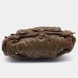 Pre Owned Prada Olive Green Leather Washed Boston Bag