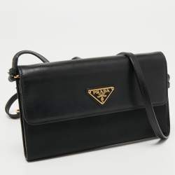 Pre Owned Prada Black Nylon and Leather Logo Flap Wallet on Strap