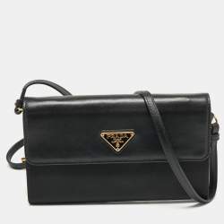 Prada Black Nylon and Leather Logo Flap Wallet on Strap