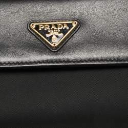 Pre Owned Prada Black Nylon and Leather Logo Flap Wallet on Strap