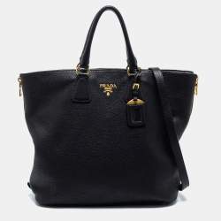 Pre Owned Prada Black Vitello Diano Leather Side Zip Shopper Tote
