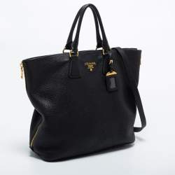 Pre Owned Prada Black Vitello Diano Leather Side Zip Shopper Tote