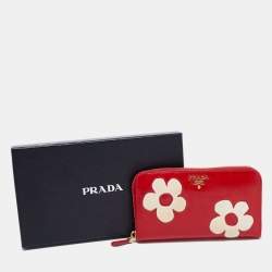 Pre Owned Prada Red Saffiano Patent Leather Zip Around Wallet 