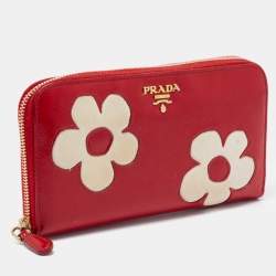 Pre Owned Prada Red Saffiano Patent Leather Zip Around Wallet 