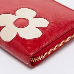Pre Owned Prada Red Saffiano Patent Leather Zip Around Wallet 