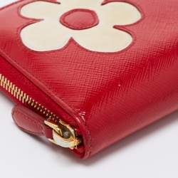Pre Owned Prada Red Saffiano Patent Leather Zip Around Wallet 
