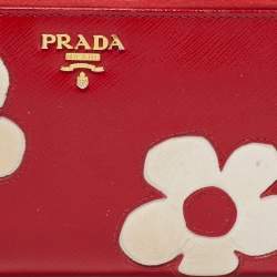 Pre Owned Prada Red Saffiano Patent Leather Zip Around Wallet 