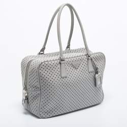 Prada Grey Perforated Leather Boston Bag