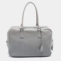Prada Grey Perforated Leather Boston Bag