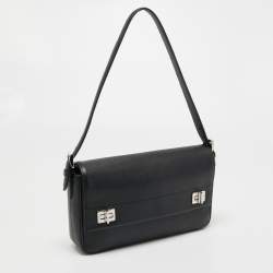 Pre Owned Prada Black Saffiano Leather Double Turnlock Shoulder Bag
