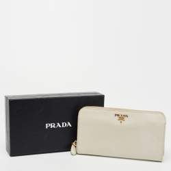 Pre Owned Prada Off White Saffiano Leather Zip Around Wallet