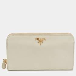Pre Owned Prada Off White Saffiano Leather Zip Around Wallet